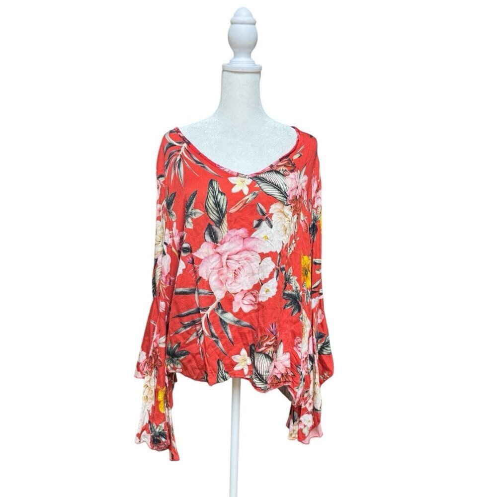Made in Italy Floral Blouse XL Red Bell Sleeve Boho Top